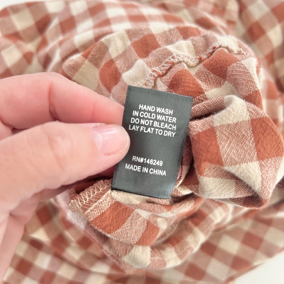 Aakaa Brown Gingham ¾ Sleeve Tie Waist Ruffle Shorts Cotton Romper Size Medium - Picture 12 of 12